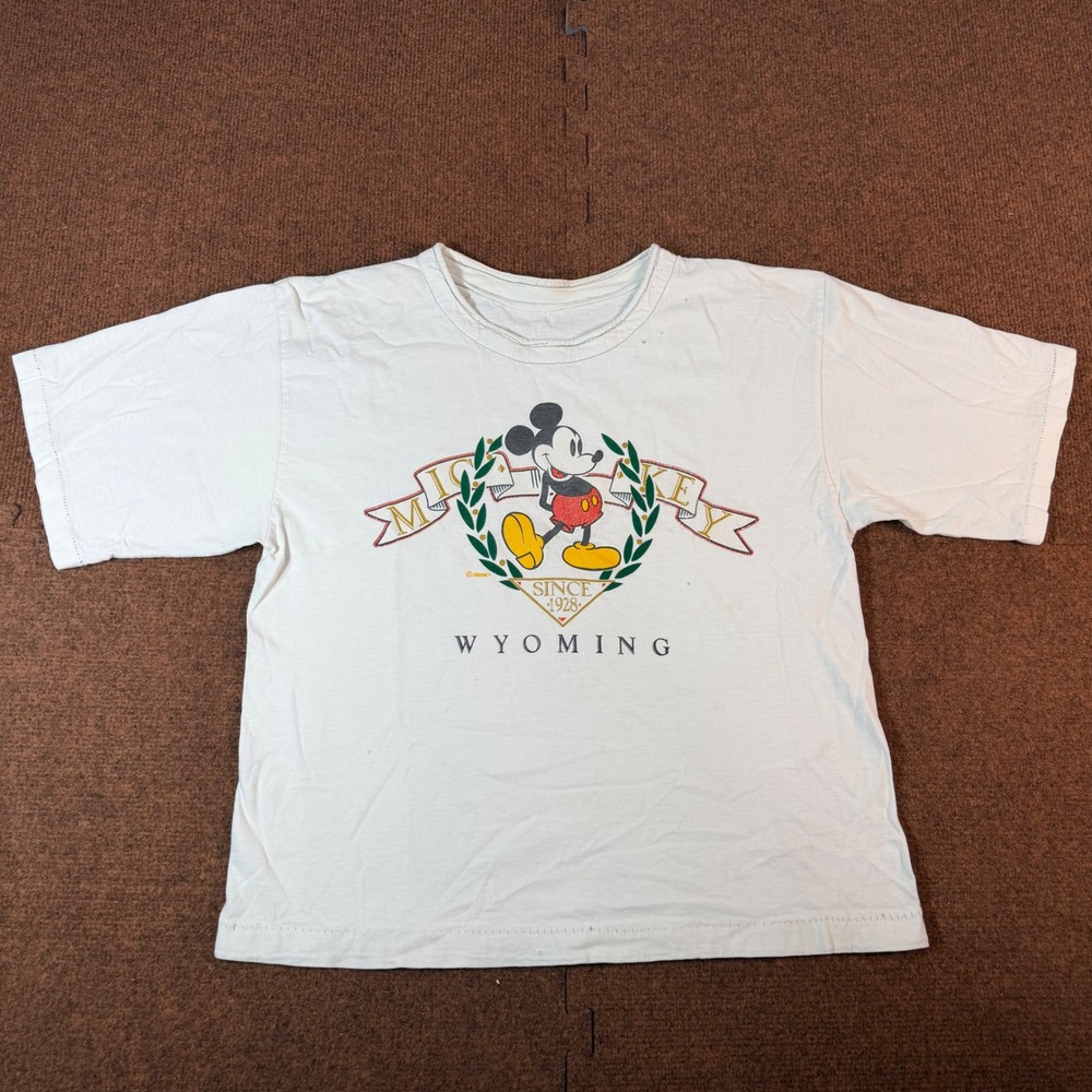 Disney Mickey Mouse Wyoming Graphic T-Shirt White Short Sleeve Souvenir Tee 2408